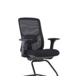 Black ergonomic office chair with adjustable lumbar support Close-up of PU-covered adjustable armrest on office chair Molded foam seat cushion of ergonomic office chair Glass fiber frame base of black office chair Bow frame steel structure of ergonomic office chair