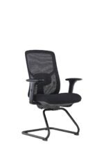 Black ergonomic office chair with adjustable lumbar support Close-up of PU-covered adjustable armrest on office chair Molded foam seat cushion of ergonomic office chair Glass fiber frame base of black office chair Bow frame steel structure of ergonomic office chair