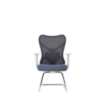 Grey PP frame office chair back view Up and down adjustable lumbar support on office chair Moulded foam seat office chair close-up Adjustable PU armrest office chair side view Chrome metal base office chair with casters