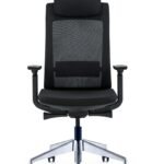 Ergonomic office chair with nylon and glass fiber frame Adjustable fabric headrest with moulded foam on office chair Adjustable lumbar support on high back office chair PU top 3D adjustable armrest close-up on office chair Four-position lock mechanism and sliding seat on office chair Chrome base and gas lift of ergonomic office chair PU black casters on office chair base