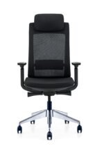 Ergonomic office chair with nylon and glass fiber frame Adjustable fabric headrest with moulded foam on office chair Adjustable lumbar support on high back office chair PU top 3D adjustable armrest close-up on office chair Four-position lock mechanism and sliding seat on office chair Chrome base and gas lift of ergonomic office chair PU black casters on office chair base