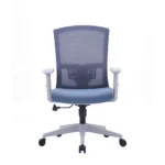 Grey mesh office chair with glass fiber frame Adjustable up and down armrest on mesh office chair Moulded foam seat with white cover on mesh chair Butterfly lock mechanism office chair mechanism view 340mm grey nylon base with black casters