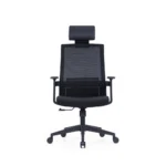• High back office chair with adjustable up-down headrest • Black nylon and glass fiber frame of office chair • Adjustable lumbar support on high back chair • Moulded foam cushion without seat cover on office chair • Fixed armrest close-up on ergonomic office chair • Black gaslift and nylon base of office chair • PU black casters on office chair base
