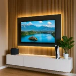 Delux Light Brown Vertical Strip TV Wall Panel with White Floating Cabinet