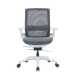 White frame office chair with chrome base and adjustable armrests Close-up of 3D adjustable armrest on white ergonomic office chair Chrome base and wheels of white office chair for stability Office chair reclined at 21 degree tilt showing lock mechanism Side view of white ergonomic office chair with tilting feature