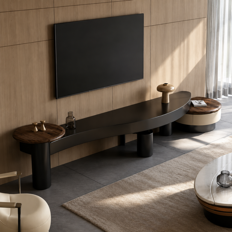 Curved TV Console Cylinder Legs Dubai | PU Matte MDF Unit UAE