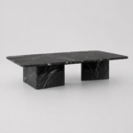 Rectangular black marble coffee table with solid stone slab legs and grey white veining