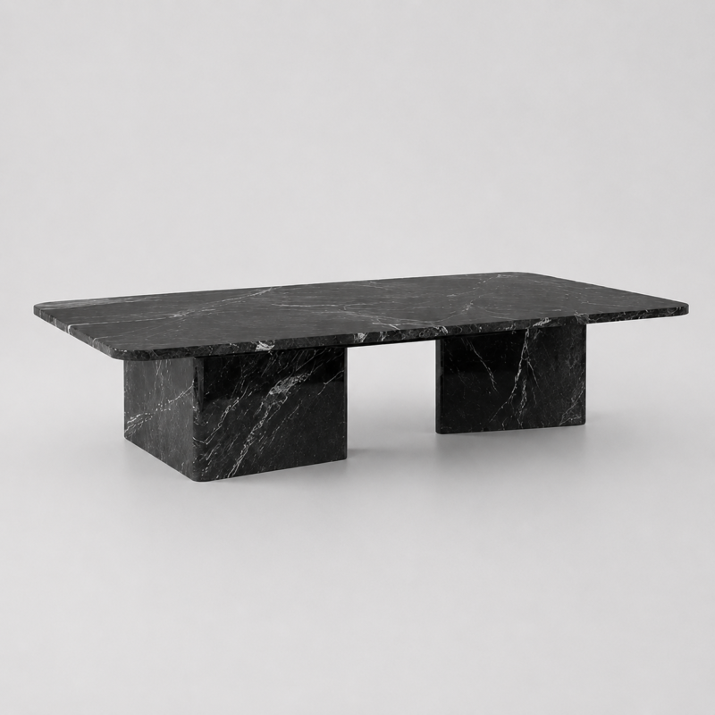 Rectangular black marble coffee table with solid stone slab legs and grey white veining