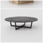 Round black marble coffee table with grey and white veining on black metal X-base