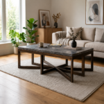 Rectangular black marble coffee table with bronze powder-coated X-base in living room