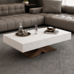 White stone coffee table with drawer and wood cross-base, 120x70x45cm