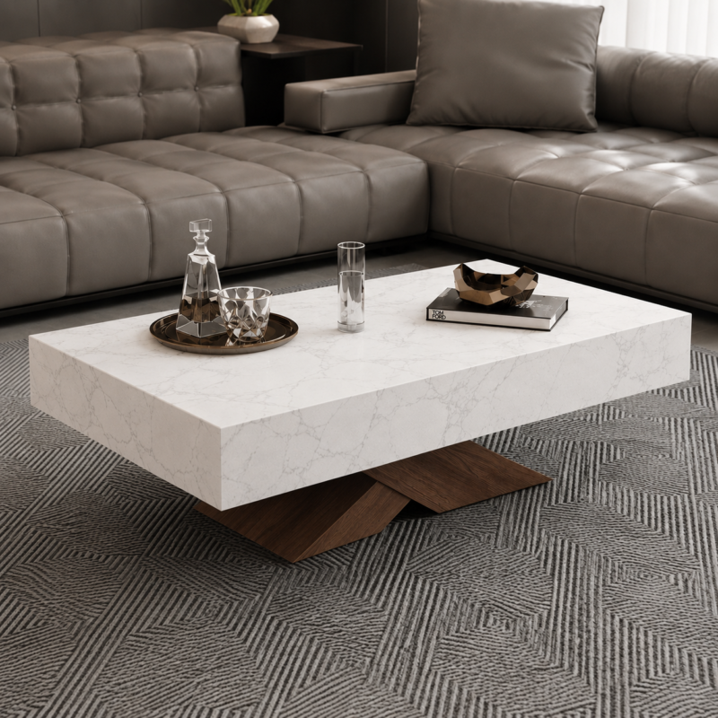 White stone coffee table with drawer and wood cross-base, 120x70x45cm
