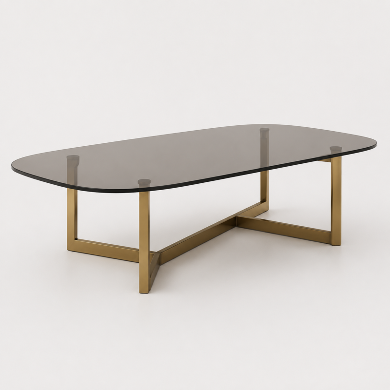 Oval smoked glass coffee table with gold powder-coated cross-frame metal base
