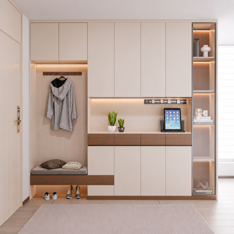 Modern Entryway Closet with Storage Bench & Display Shelves