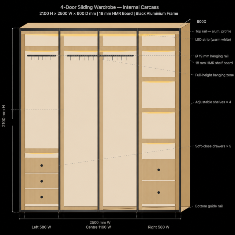 4-Door Sliding Wardrobe 2100×2500×600mm