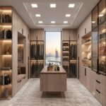 Luxury walk-in wardrobe with smoked glass display cabinets, integrated LED lighting, premium melamine finish, center storage island, and modern custom closet design by Fozo Furniture Dubai.