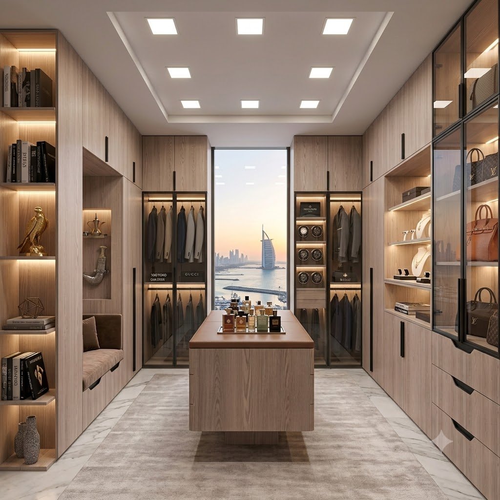 Home Marketplace2 6 Luxury walk-in wardrobe with smoked glass display cabinets, integrated LED lighting, premium melamine finish, center storage island, and modern custom closet design by Fozo Furniture Dubai.