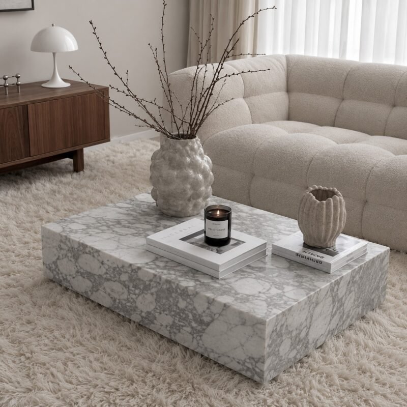 Low-profile white marble block coffee table with recessed tray top styled with vases