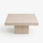 Square travertine-effect porcelain stone coffee table with matching pedestal base