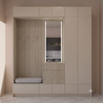 Built-in hallway wardrobe with LED mirror and oak bench seat in Dubai villa entrance