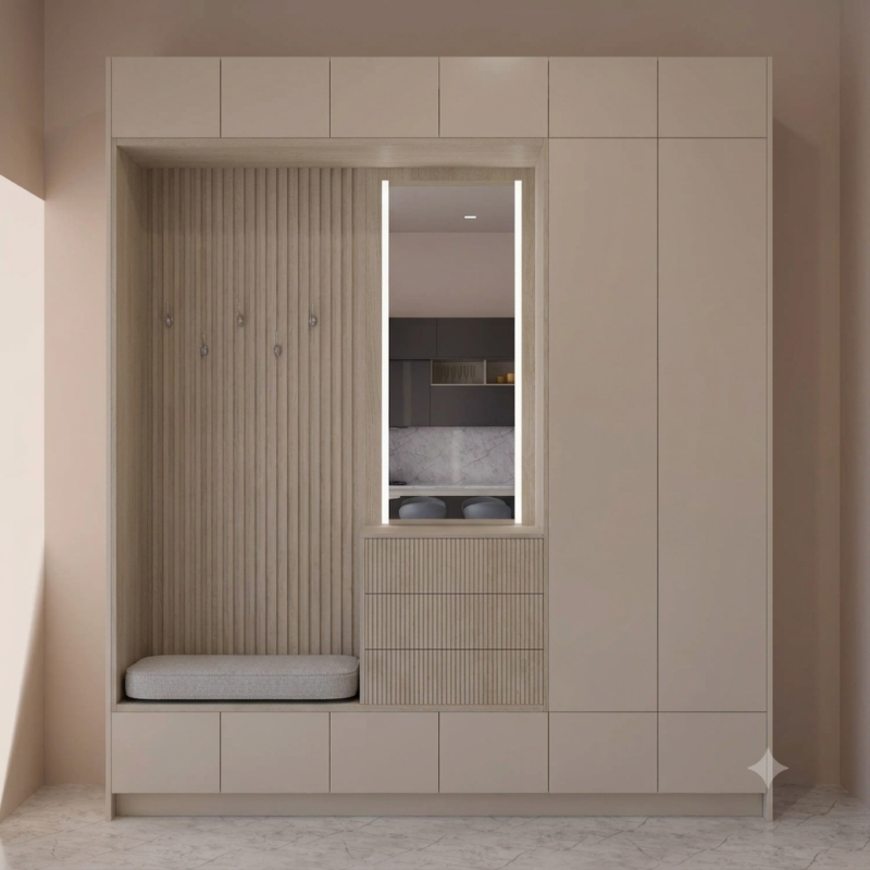 Built-in hallway wardrobe with LED mirror and oak bench seat in Dubai villa entrance