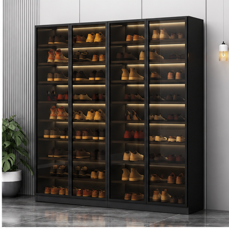 Black Tall Shoe Cabinet with LED & Tempered Glass Doors | Dubai – SKYLINE