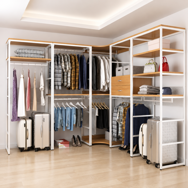 Corner open wardrobe system with white powder-coated frame and wood-effect melamine shelves in dressing room