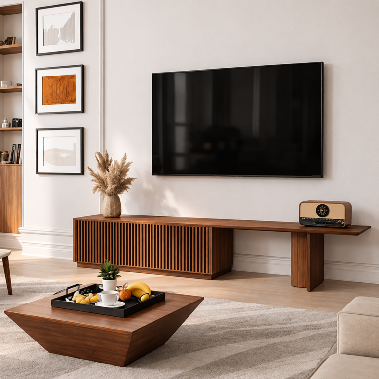 Bespoke TV console with integrated storage, custom-built for a Dubai living room