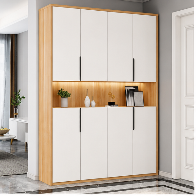 Light brown and white wooden shoe cabinet with tiered shelving and LED strip in Dubai hallway