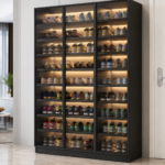 Black shoe cabinet with tempered glass doors and LED lighting displaying shoes, Dubai hallway