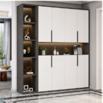 Black and white shoe cabinet with open display niche, LED lighting and closed storage in Dubai entryway
