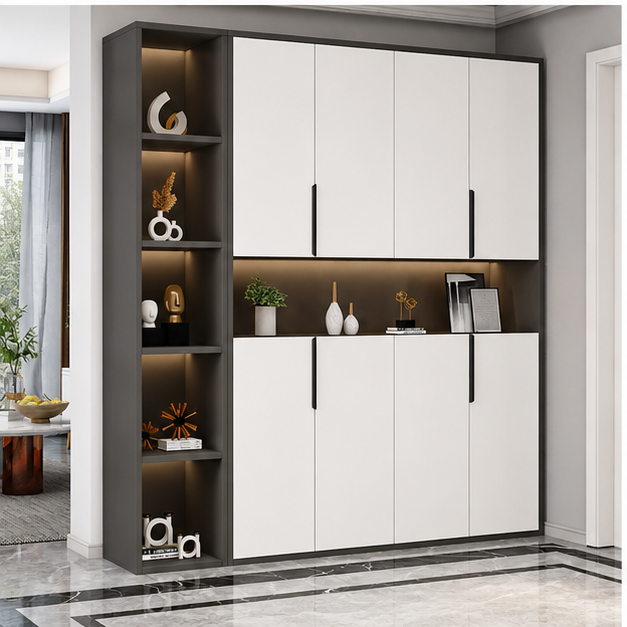 Black and white shoe cabinet with open display niche, LED lighting and closed storage in Dubai entryway