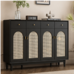 Black matte rattan-front shoe cabinet console used as entryway furniture in Dubai home