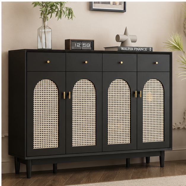 Black matte rattan-front shoe cabinet console used as entryway furniture in Dubai home