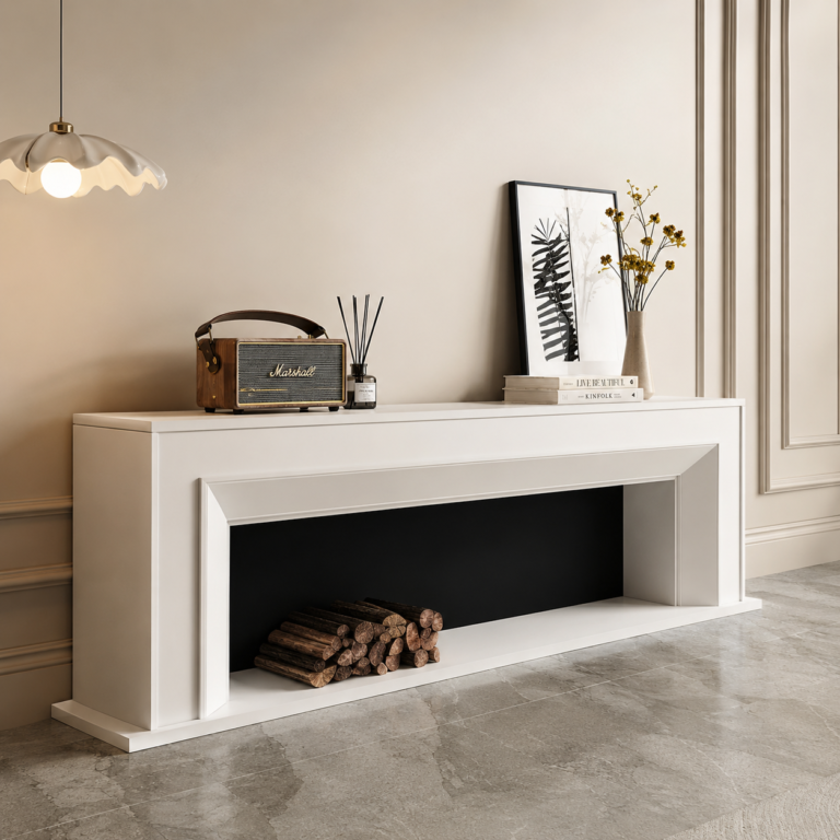 Bespoke arch-base TV console in PU matte white finish, custom-made for a Dubai living room — L180 × D33 × H65 cm