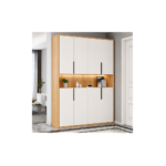 Light brown and white wooden shoe cabinet with tiered shelving and LED strip in Dubai hallway