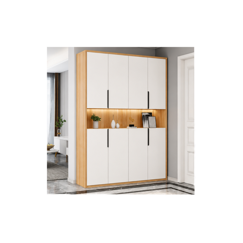 Light brown and white wooden shoe cabinet with tiered shelving and LED strip in Dubai hallway