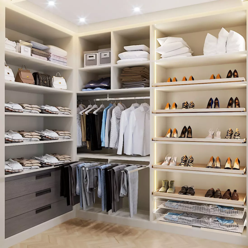 Luxury walk-in closet system in warm white and graphite with LED shoe tower in Dubai villa