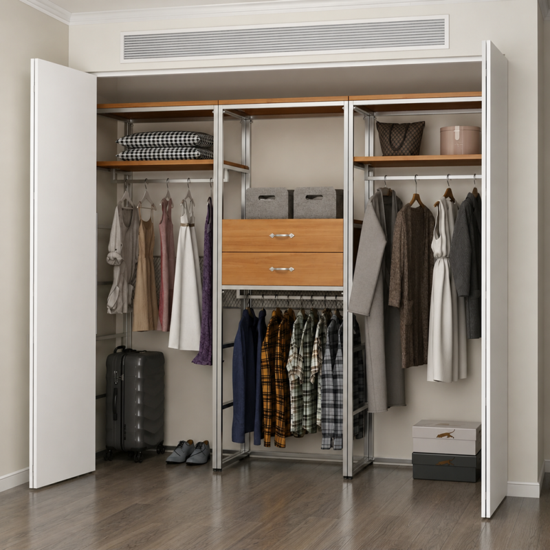 Modular Open Wardrobe with Folding Doors, Drawers & Hanging Rails