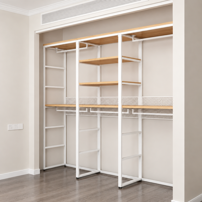 Modular open wardrobe wall system with white powder-coated frame and wood-effect melamine shelves in alcove"