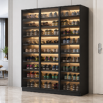 Black shoe cabinet with tempered glass doors and LED lighting displaying shoes, Dubai hallway