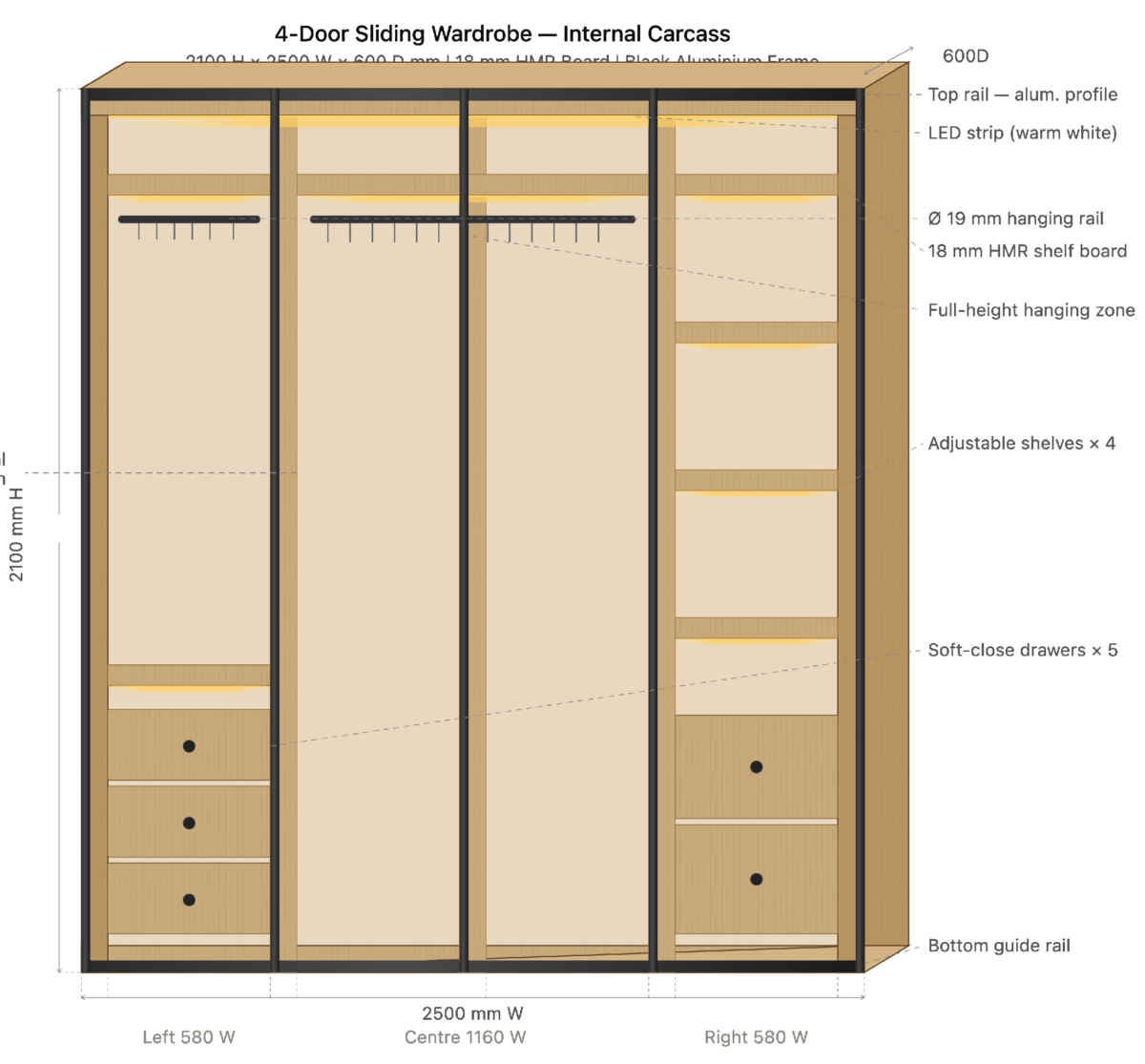 4-Door Sliding Wardrobe | Oak & Black Aluminium - Image 2