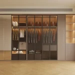 Glass Door Wardrobe with Light walnut Interior & LED | Dubai
