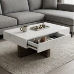 White Stone Coffee Table with Drawer – Wood Base | 120x70x45cm