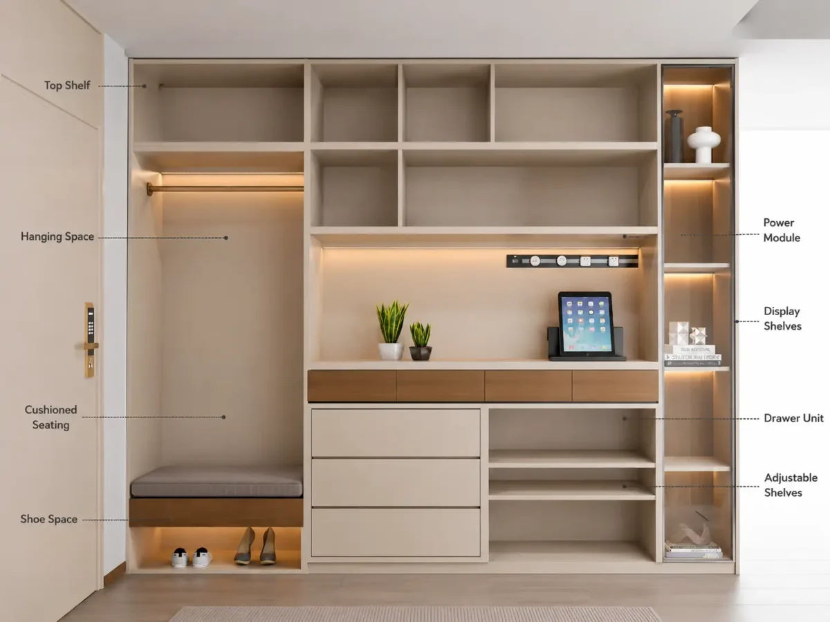 Modern Closet with Storage Bench & Display Shelves | Custom Hallway Wardrobe Dubai | Fozo Furniture - Image 2