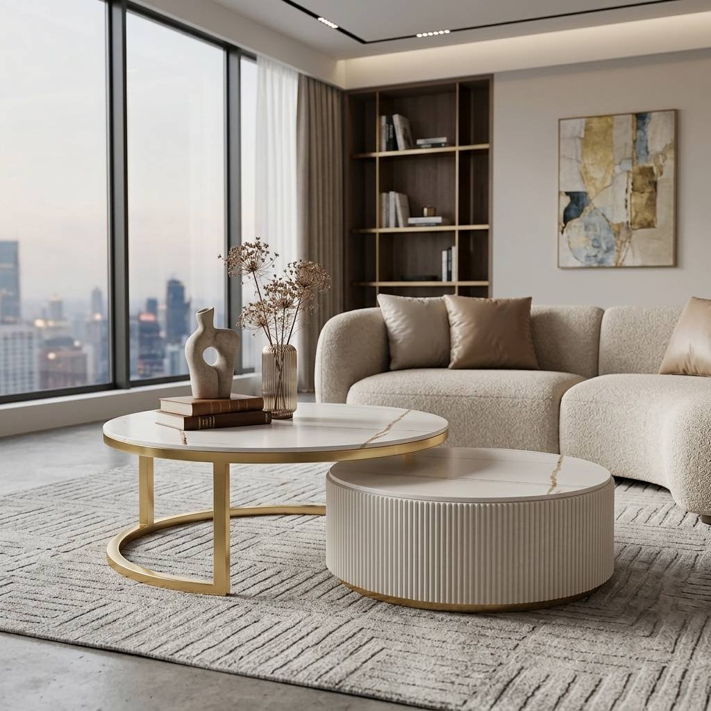 Nested coffee table 2-Piece Nesting Marble Coffee Table Set – White Marble, Gold Base - Image 1