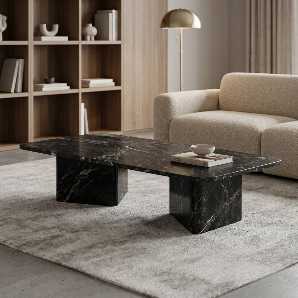 Coffee table Rectangular Black Marble Coffee Table – Solid Stone Slab Legs | 120x70x45cm - Image 1